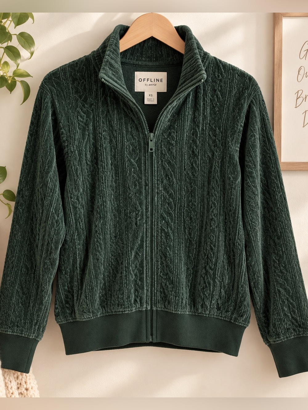 NWT OFFLINE by Aerie Green Cable Knit Fleece Zip Jacket XS